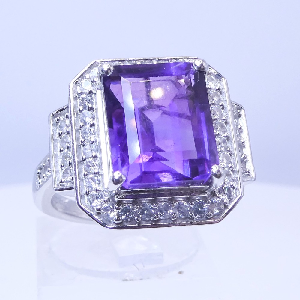 D'Joy Platinum Over 925 Silver Purple Amethyst Zircon Deco Halo Ring 7